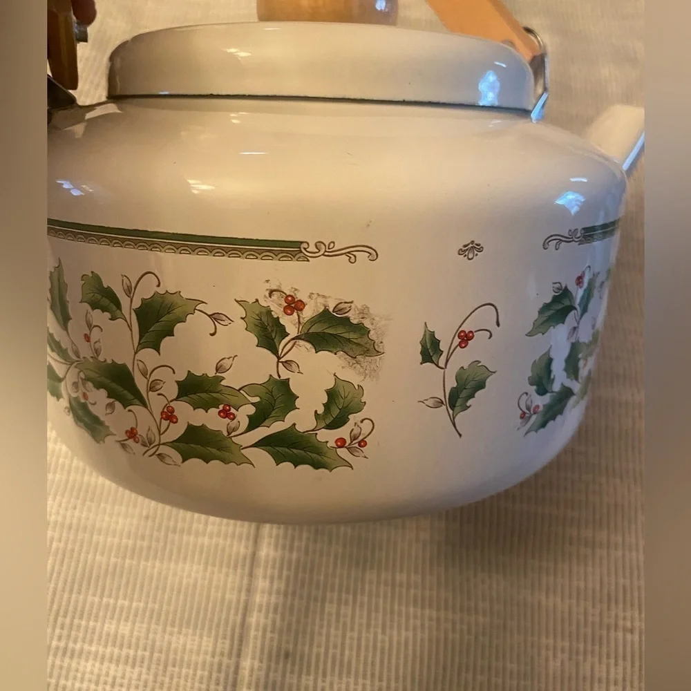 Royal Limited Holly Holiday-Holly w/ Gold Rim- Metal Tea Kettle with Wood Handle